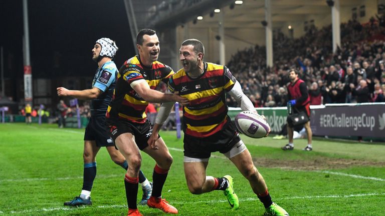 Jonny May celebrates his try which sparked Gloucester's second-half blitz