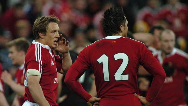 British &Irish Lion Jonny Wilkinson gives instructions to Gavin Henson 