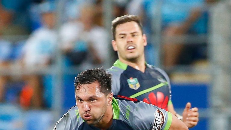 GOLD COAST, AUSTRALIA - APRIL 08:  Jordan Rapana of the Raiders in action  during the round six NRL match between the Gold Coast Titans and the Canberra Ra