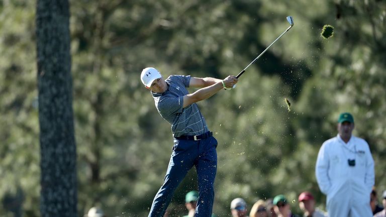 AUGUSTA, GA - APRIL 07:  Jordan Spieth of the United States plays his second shot on the 14th hole during the second round of the 2017 Masters Tournament a