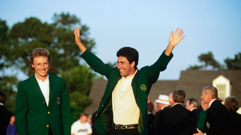 Jose Maria Olazabal celebrates his first Masters victory in 1993