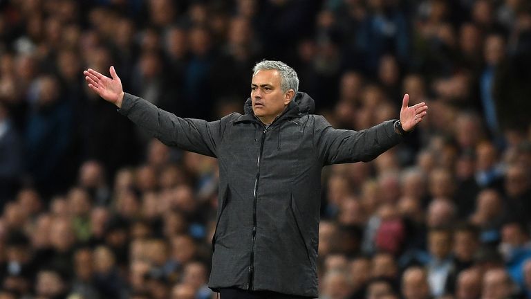 MANCHESTER, ENGLAND - APRIL 27:  Jose Mourinho, Manager of Manchester United reacts during the Premier League match between Manchester City and Manchester 