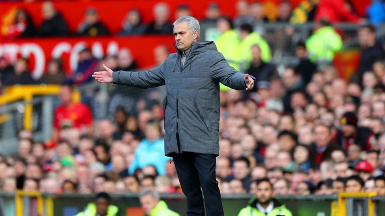 MANCHESTER, ENGLAND - APRIL 01: Jose Mourinho, Manager of Manchester United reacts during the Premier League match between Manchester United and West Bromw