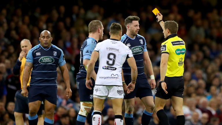 Cardiff Blues' Alex Cuthbert is yellow carded by referee Andrew Brace