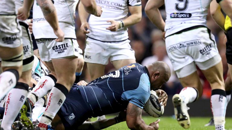 Cardiff Blues vs Ospreys.Cardiff Blues Taufa'ao Filise scores a try.Mandatory Credit ..INPHO/Billy Stickland