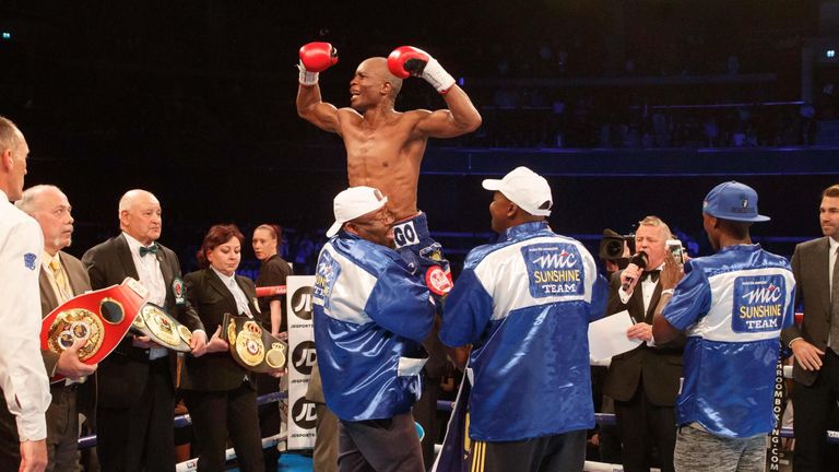 Julius Indongo celebrates after beating Ricky Burns in their unification fight in Glasgow (photo courtesy of Steve Welsh/Matchroom)