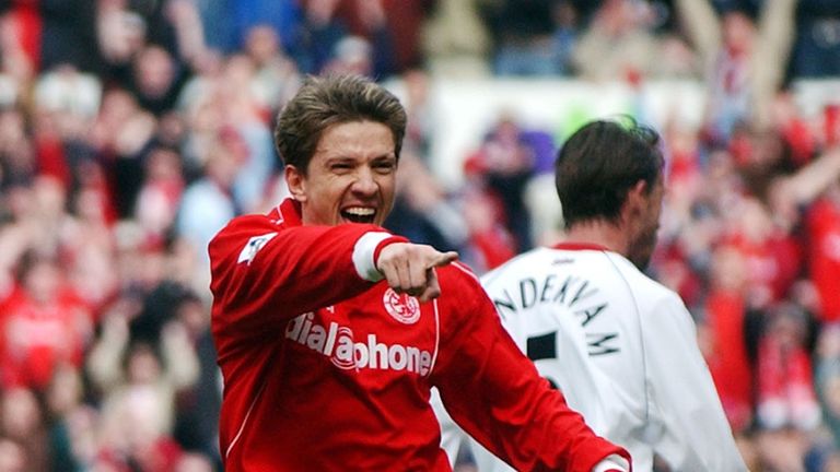 Juninho of Middlesbrough celebrates his goal during the Premiership match between Middlesbrough and Southampton