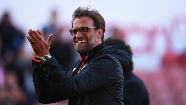 STOKE ON TRENT, ENGLAND - APRIL 08: Jurgen Klopp, Manager of Liverpool shows appreciation to the fans after the Premier League match between Stoke City and