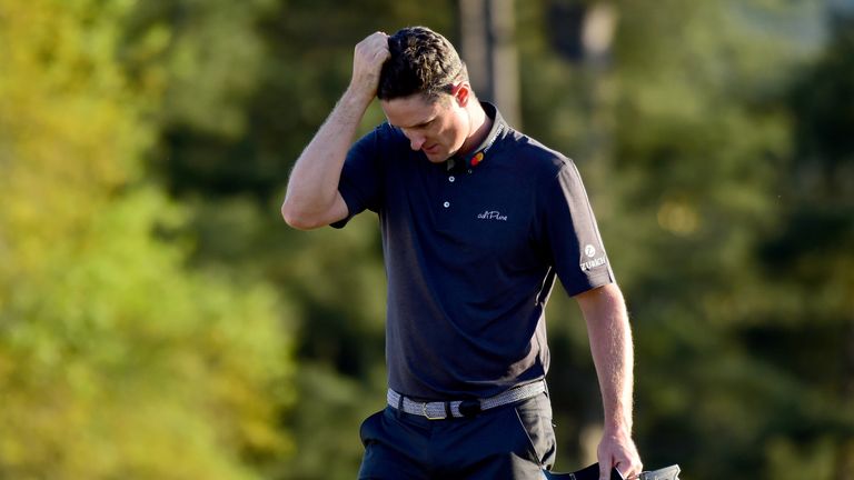 AUGUSTA, GA - APRIL 09:  Justin Rose of England reacts to his missed birdie putt on the 18th hole during the final round of the 2017 Masters Tournament at 