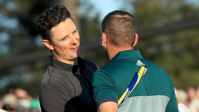 AUGUSTA, GA - APRIL 09:  (L-R) Justin Rose of England congratulates Sergio Garcia of Spain after Garcia won on the first playoff hole during the final roun