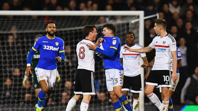 Phillips (C in blue) has been sent off twice this season, away at Brighton and pcitured here, away at Fulham
