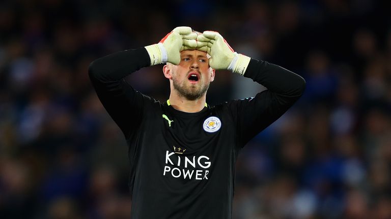 LEICESTER, ENGLAND - APRIL 18: Kasper Schmeichel of Leicester City reacts during the UEFA Champions League Quarter Final second leg match between Leicester