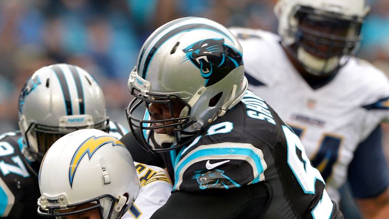 CHARLOTTE, NC - DECEMBER 11:  Kawann Short #99 of the Carolina Panthers sacks Philip Rivers #17 of the San Diego Chargers in the first quarter during the g