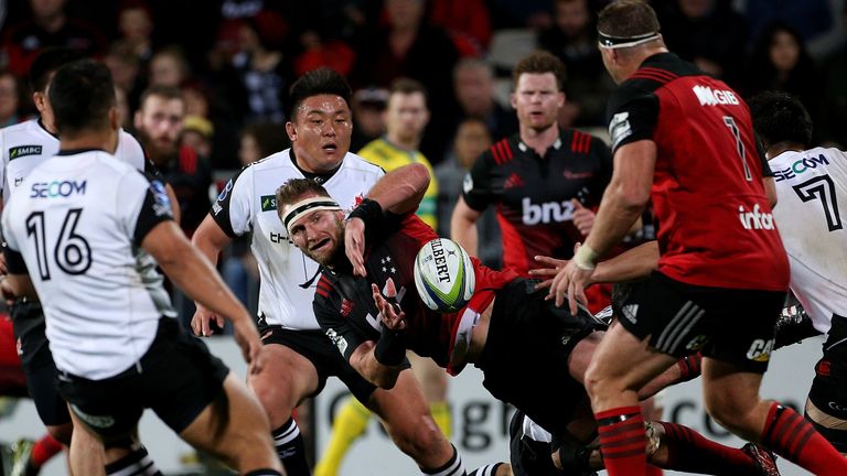 CHRISTCHURCH, NEW ZEALAND - APRIL 14: Kieran Read of the Crusaders
 offloads the ball during the round eight Super Rugby match between the Crusaders and th