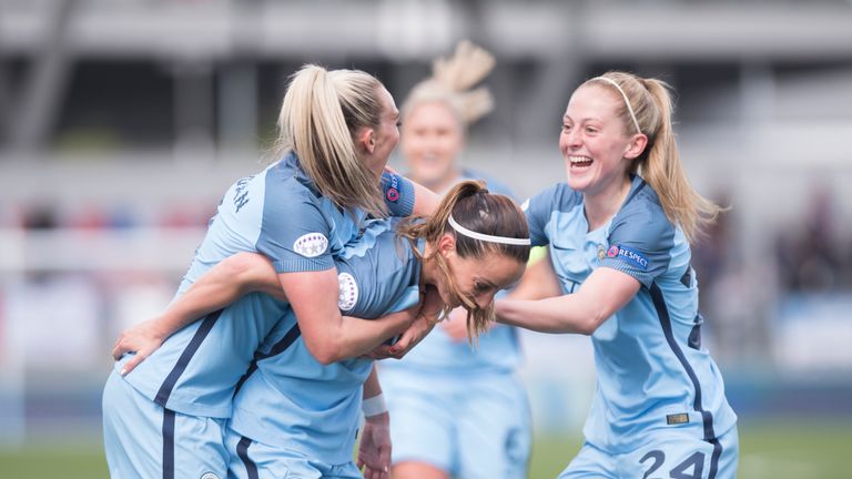 Kosovare Asllani celebrates with Toni Duggan and Keira Walsh after scoring