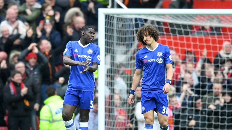 Kurt Zouma of Chelsea and David Luiz of Chelsea are dejected after Marcus Rashford of Manchester United (not pictured) scored