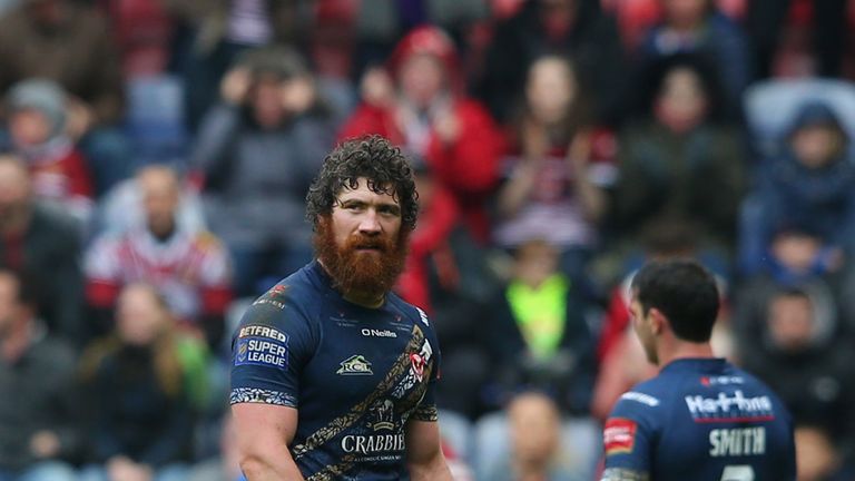 WIGAN, ENGLAND - APRIL 14:  Kyle Amor of St Helens is sent off during the Betfred Super League match between Wigan Warriors and St Helens at DW Stadium on 