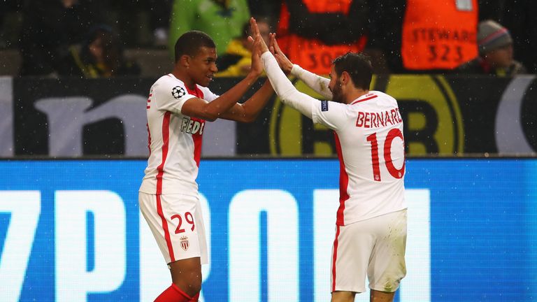 Kylian Mbappe and Bernardo Silva celebrate as Monaco score against Borussia Dortmund