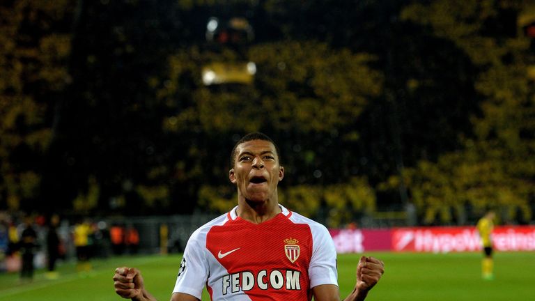 Monaco's French forward Kylian Mbappe Lottin celebrate scoring during the UEFA Champions League 1st leg quarter-final football match BVB Borussia Dortmund 