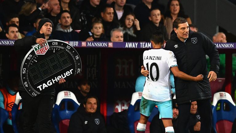 LONDON, ENGLAND - OCTOBER 15:  Slaven Bilic manager of West Ham United shakes hands with Manuel Lanzini of West Ham United as he is substituted during the 