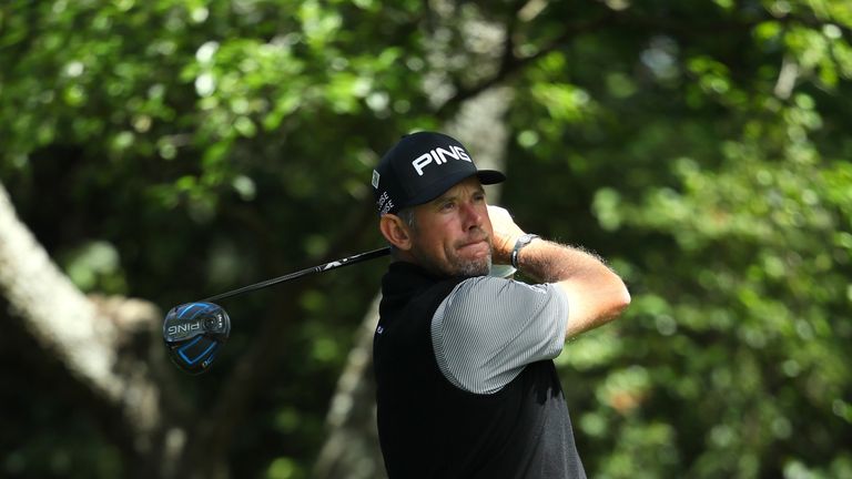 Lee Westwood of England plays his shot from the second tee during the third round of the 2017 Masters Tournament at Augusta Nation