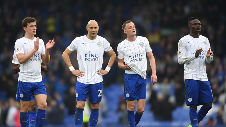 LIVERPOOL, ENGLAND - APRIL 09: (L-R) Ben Chilwell, Yohan Benalouane, Andy King and Daniel Amartey of Leicester City acknowledge the fans after the Premier 