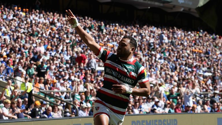 Telusa Veainu of  Leicester celebrates after scoring their second try 