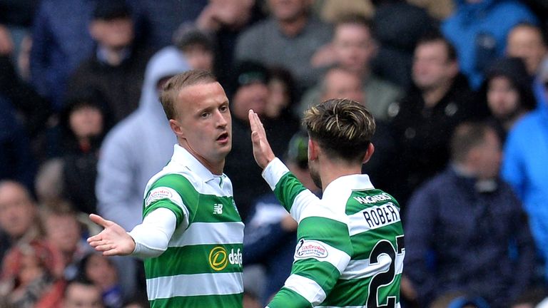 GLASGOW, SCOTLAND - APRIL 29:  Leigh Griffiths (L) of Celtic celebrates scoring his team's second goal with Patrick Roberts
