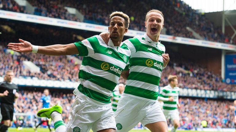 Celtic's Scott Sinclair celebrates with Leigh Griffiths after he scores a penalty for his side