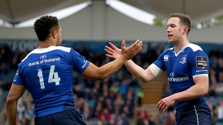 Leinster's Rory O&#8217;Loughlin celebrates scoring a try with Adam Byrne