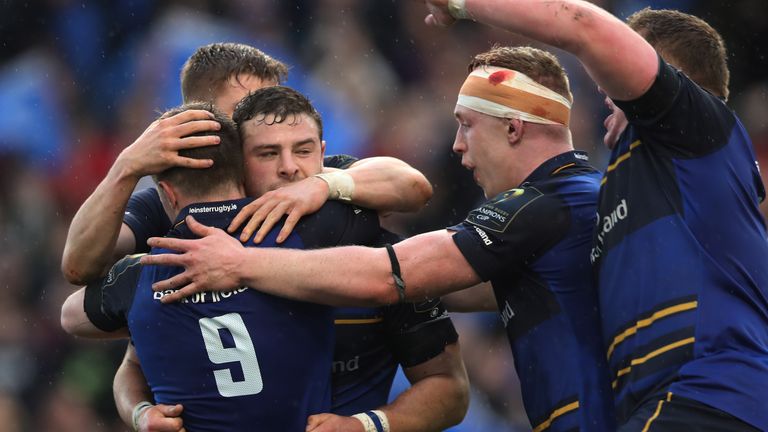 Leinster's Robbie Henshaw (centre) celebrates after scoring his side's third try during the European Champions Cup quarter final agaisnt Wasps 01/04/17