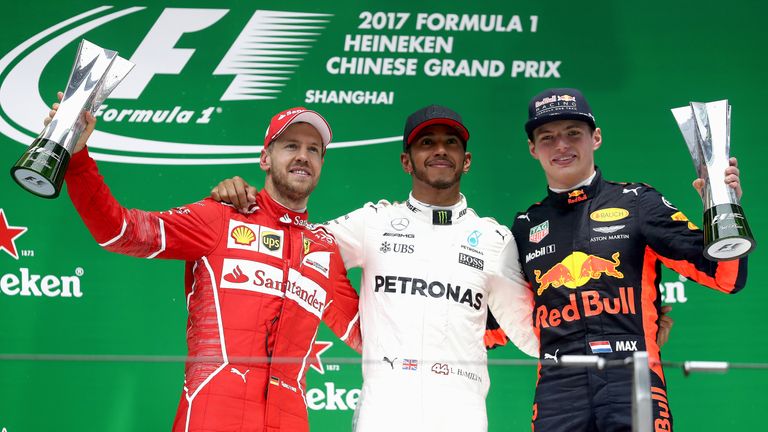 Race winner Lewis Hamilton with second placed finisher Sebastian Vettel and third placed Max Verstappen