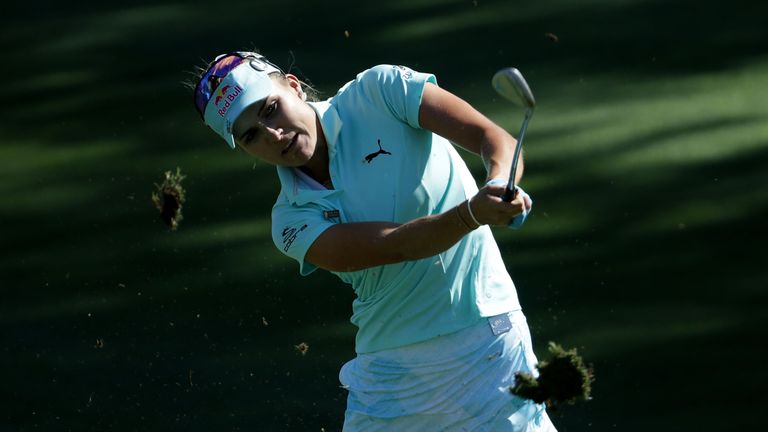 RANCHO MIRAGE, CA - APRIL 02:  Lexi Thompson plays her second shot from the seventh fairway during the final round of the ANA Inspiration at the Dinah Shor