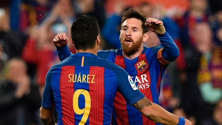 Lionel Messi celebrates his opener against Real Sociedad