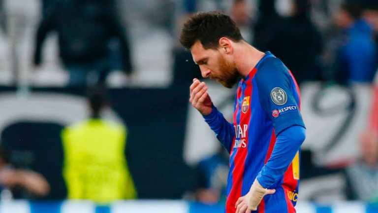 Barcelona's Argentinian forward Lionel Messi reacts during the UEFA Champions League quarter final first leg football match Juventus vs Barcelona