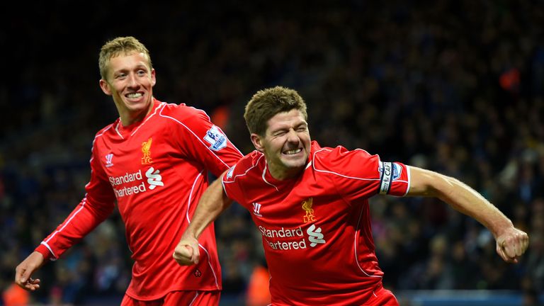 Steven Gerrard and Lucas Leiva celebrate a Liverpool goal