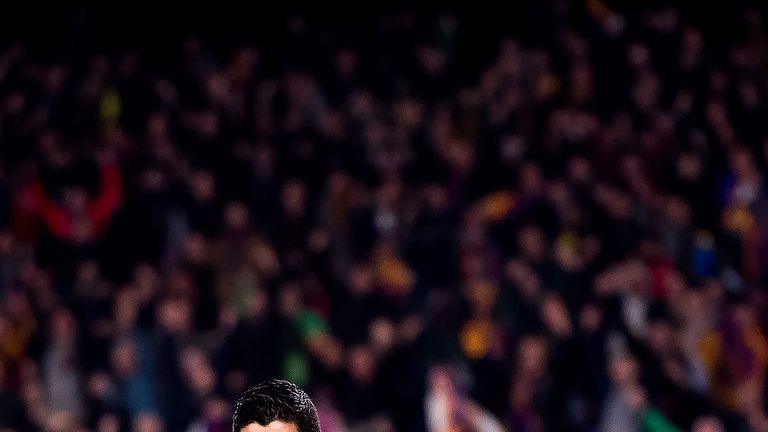 Luis Suarez celebrates after scoring the opening goal during the Copa del Rey semi-final second leg