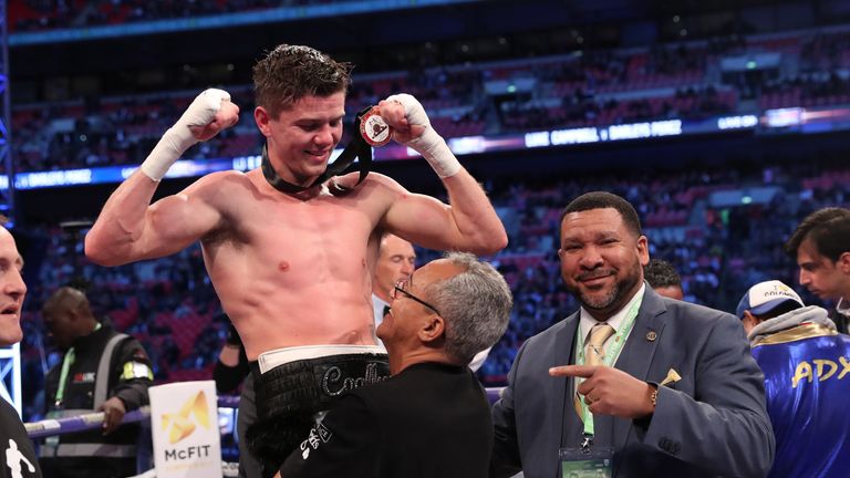 Luke Campbell and Jorge Rubio celebrate their Wembleyb Stadium success