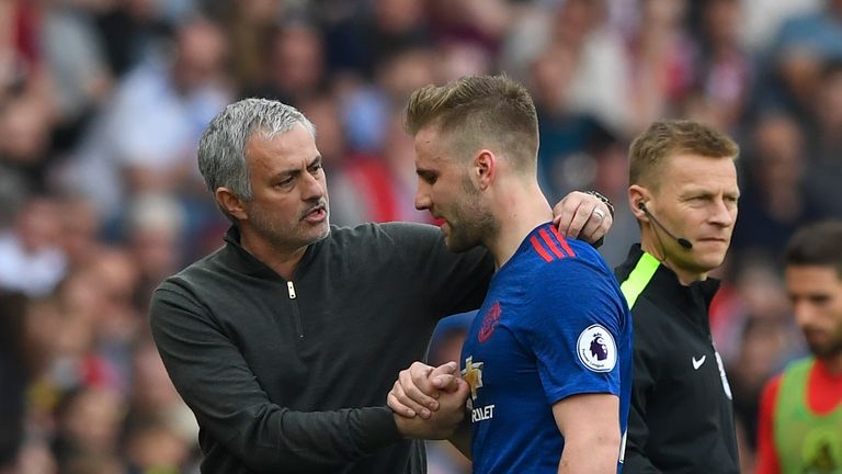 SUNDERLAND, ENGLAND - APRIL 09:  Jose Mourinho, Manager of Manchester United shakes hands with Luke Shaw after his substitution during the Premier League m