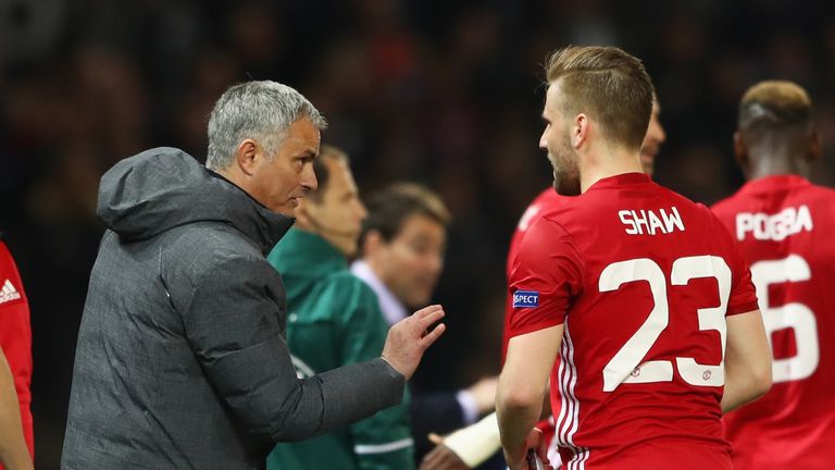 Jose Mourinho manager of Manchester United gives Luke Shaw of Manchester United instructions during the  Europa League