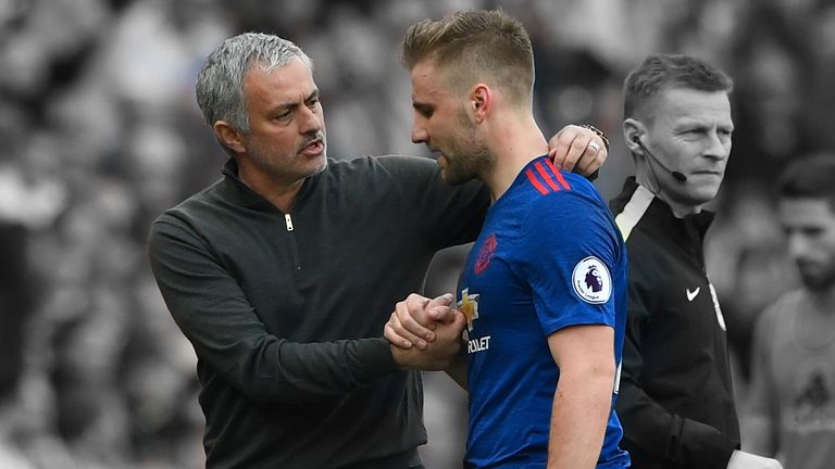 SUNDERLAND, ENGLAND - APRIL 09:  Jose Mourinho, Manager of Manchester United shakes hands with Luke Shaw after his substitution during the Premier League m