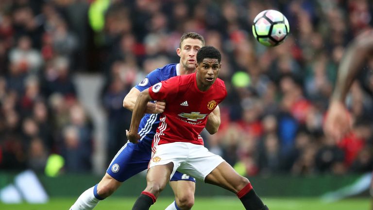 Gary Cahill and Marcus Rashford in action at Old Trafford
