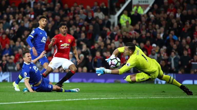 MANCHESTER, ENGLAND - APRIL 04: Joel Robles of Everton (R) saves Marcus Rashford of Manchester United (L) shot during the Premier League match between Manc
