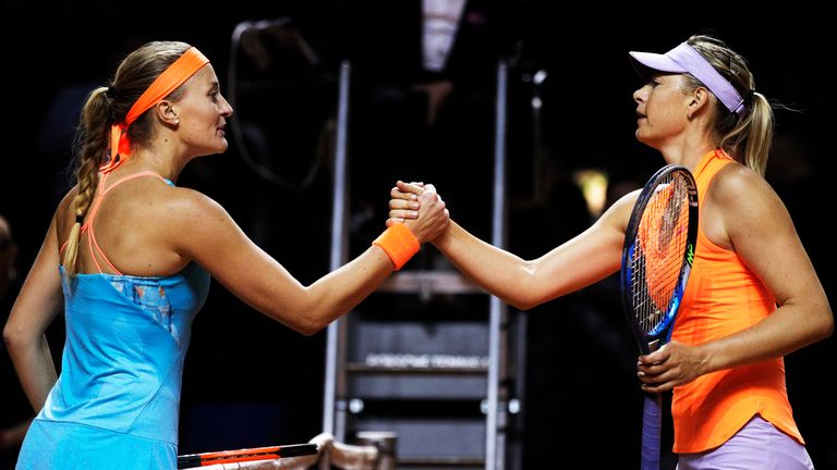  Maria Sharapova of Russia shakes hands after losing her match against Kristina Mladenovic of France during the Porsche Tennis Grand Prix at Porsche Arena