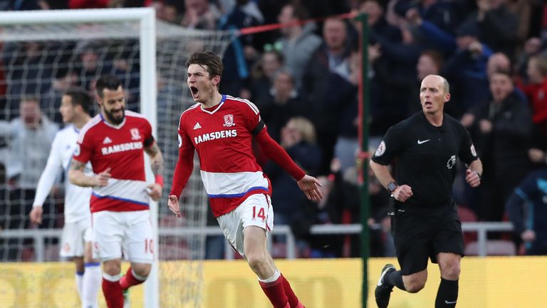 Marten de Roon celebrates after scoring for Middlesbrough against Sunderland