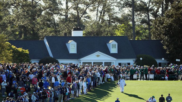 Soren Kjeldsen of Denmark, and Kevin Chappell and Jim Furyk of the United States walk from the first tee during the 2017 Masters at Augusta National