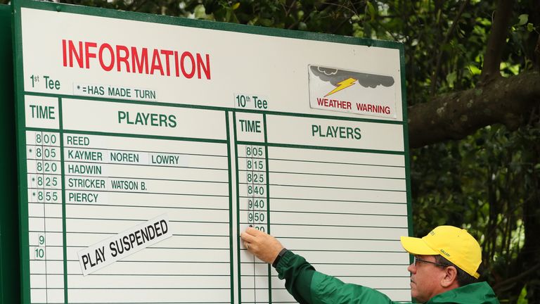 Play is suspended due to inclement weather during a practice round prior to the start of the 2017 Masters
