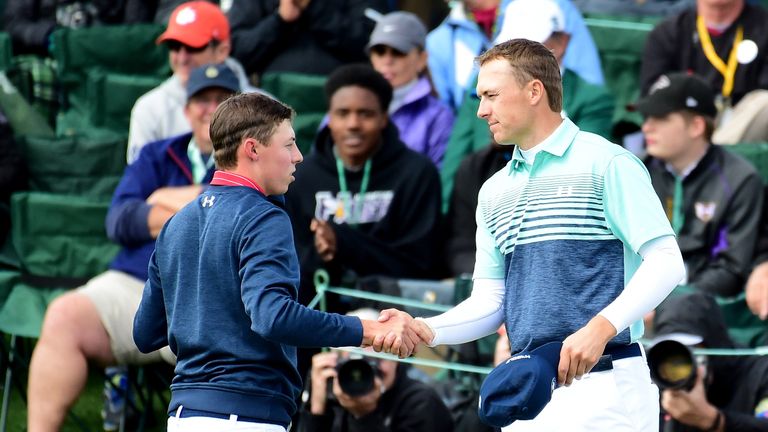 AUGUSTA, GA - APRIL 06: Matthew Fitzpatrick of England shakes hands with Jordan Spieth of the United States on the 18th hole during the first round of the 