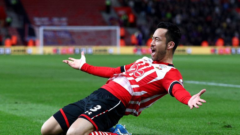 Maya Yoshida celebrates after his goal gives Southampton 2-1 lead at St Mary's