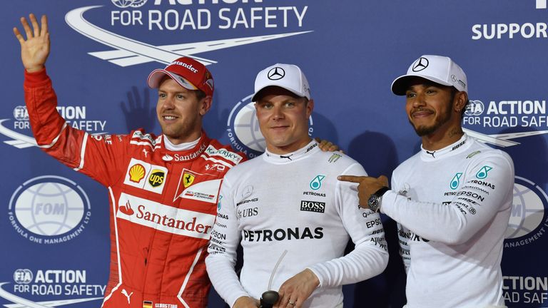 Sebastian Vettel, Valtteri Bottas and Lewis Hamilton following Bahrain GP qualifying